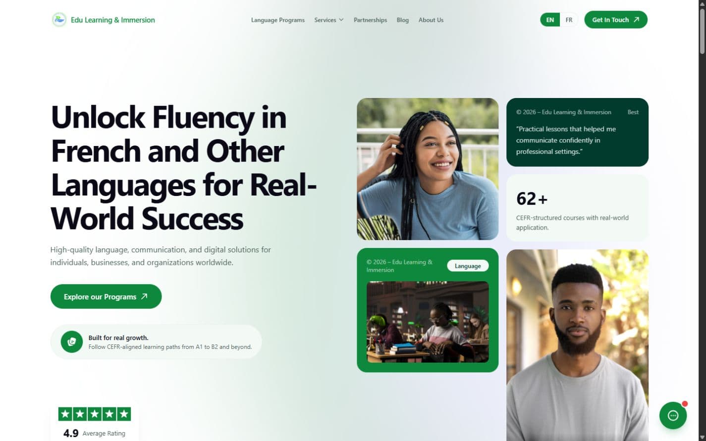 Edu Learning & Immersion landing page